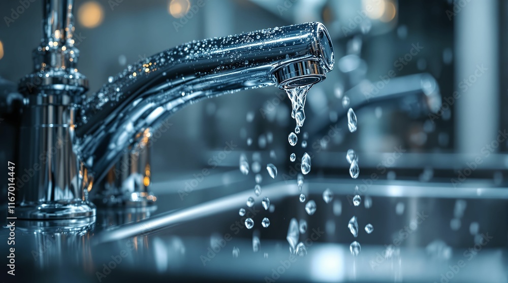 Aufkleber close-up of a modern kitchen sink with a shiny faucet. water droplets are visibly falling from the f