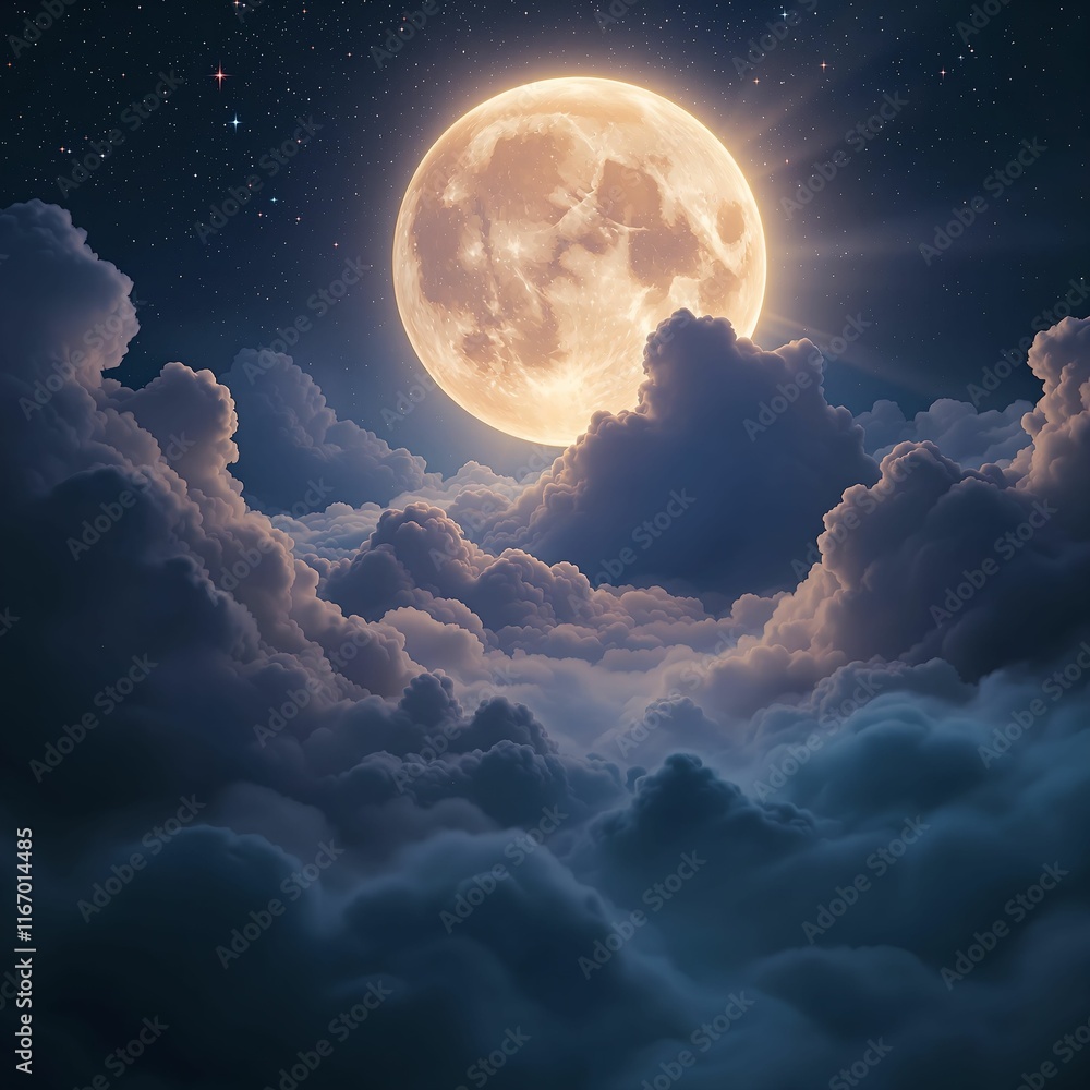 Poster serene night sky with a bright, full moon shining through a layer of fluffy clouds. the moonlight il