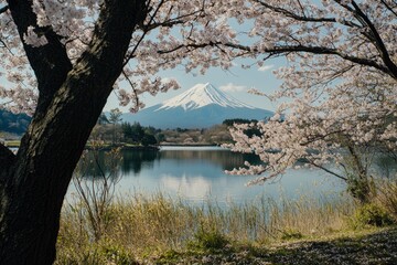 A serene scene of Mount Fuji with cherry blossoms in full bloom, the iconic mountain visible against a clear blue sky, and the lake's reflection adding to its beauty. The image captures the delicate 