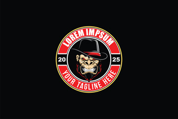 Gorilla with fedora hat cartoon character vector logo template