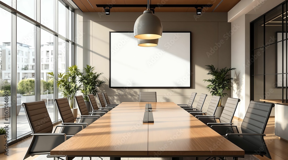 Poster modern conference room with large windows, a long wooden table, and multiple chairs around it. there