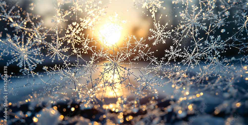 Poster snowy scene with snowflakes on a glass surface, and the sun is visible in the background, creating a