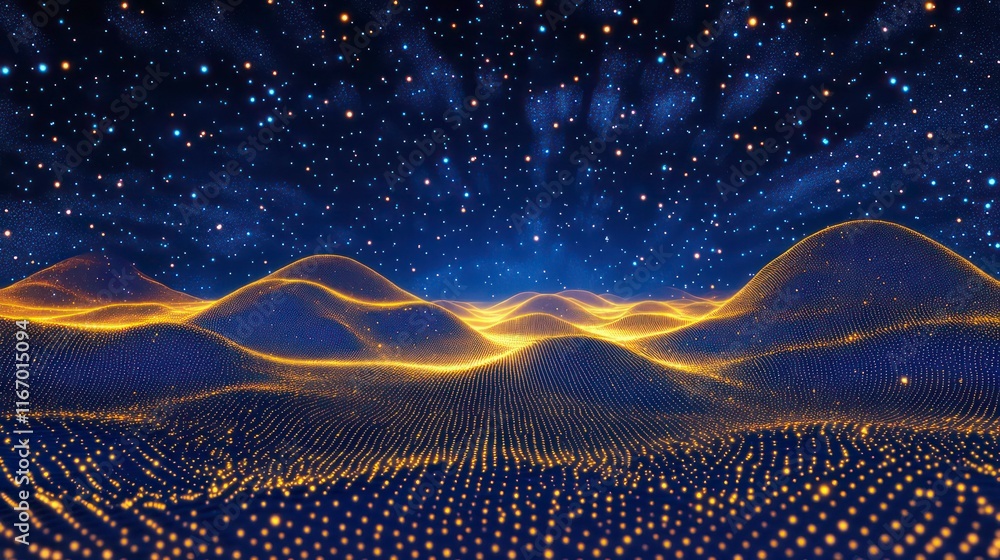 Poster digital gold particles wave and light abstract background with shining floor particle stars dust. fu