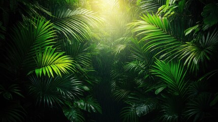 Sunlit jungle foliage with dark, vibrant tropical leaves.