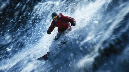 Young Man Snowboarding Down a Snowy Mountain in Red Jacket, Winter Sports Action, Motion Blur, Scenic Winter Landscape