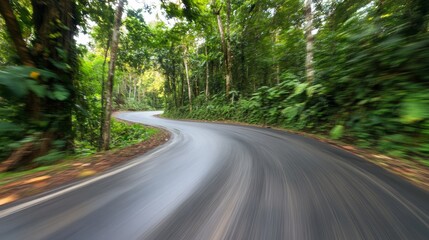 Fototapeta premium Curved road in dense fog with reduced visibility, showcasing a dangerous path and motion blur. Concept of risky driving conditions and poor weather safety on winding roads