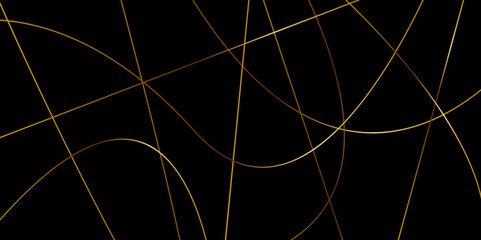 Geometric black background with golden diagonal lines. Curved stroke lines abstract vector lines background texture digital drawing
