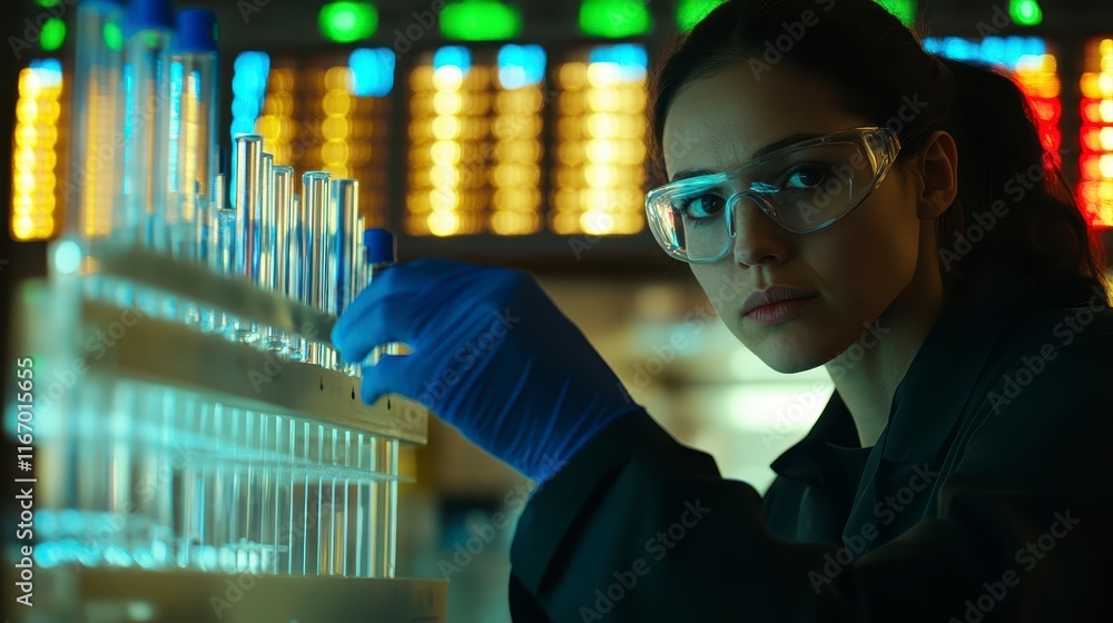 Poster focused female scientist working in modern lab with test tubes and data display