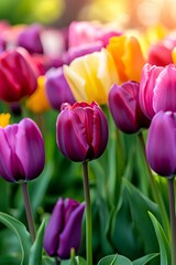 Fototapeta premium Purple yellow tulips glowing in the spring sunset in garden.