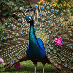 Obraz premium A peacock displaying its vibrant feathers in a flower-filled garden.