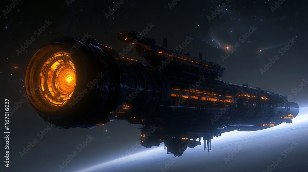 Poster futuristic spaceship orbiting a planet in space.