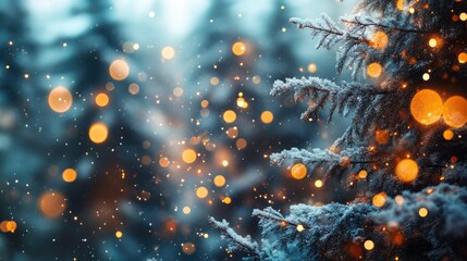 Magical forest with christmas trees and blurry glowing lights