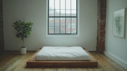 Minimalist bedroom with platform bed, plant, and large window.