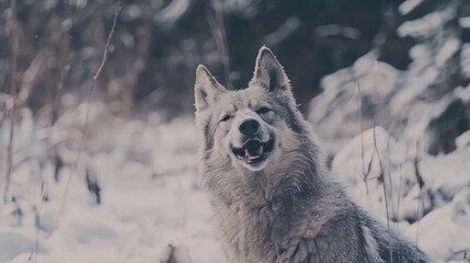 Obraz premium Grey shepherd dog grins joyfully in the winter nature, showing its happiness and playfulness in snowy outdoor environment. Winter activities, dog smile, and nature exploration