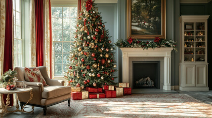 Christmas tree adorned with red and gold ornaments for the holidays