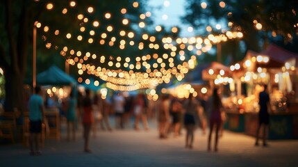 Blurred image of a night market with string lights and people.