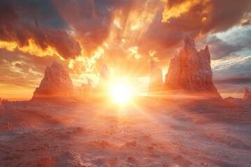 A stunning view of the sunset over red rock formations in the White Desert, Utah, with a bright sun shining through clouds, creating beautiful light rays that illuminate the orange and brown rocks.