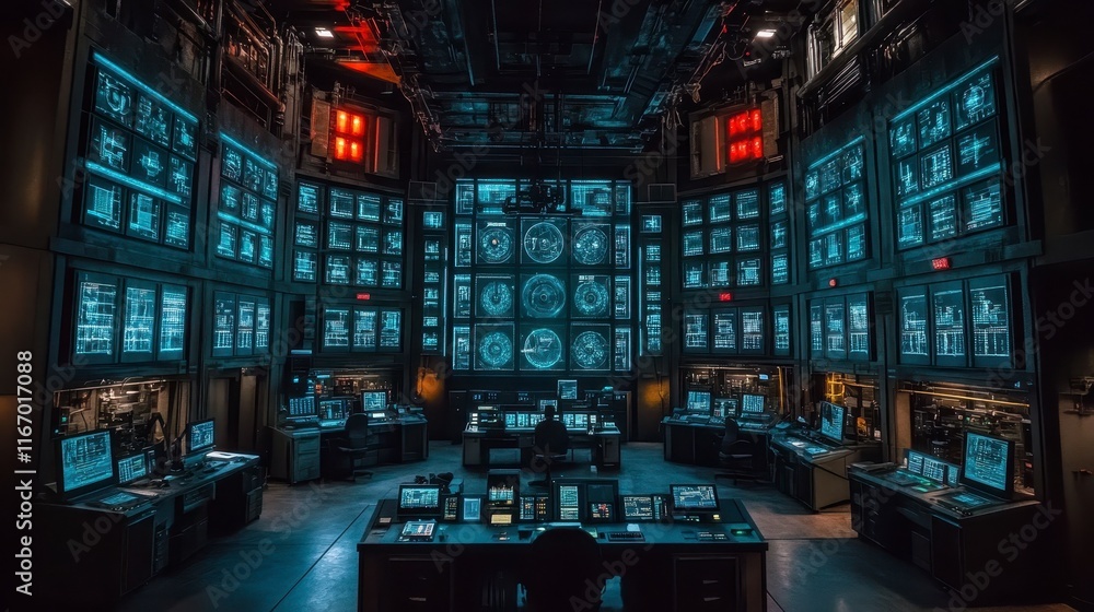 Poster futuristic control room with numerous screens displaying data and information