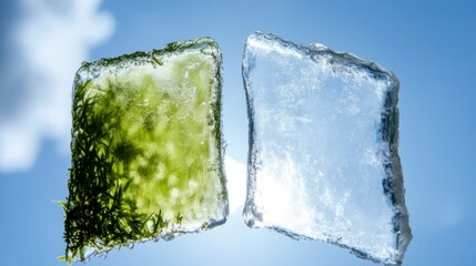 Frozen Herbs and Pure Ice Cubes Against a Bright Blue Sky Background