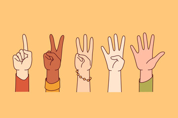 People hands show numbers from 1 to 5 , assessing quality of services received or goods purchased. Numbers one, two, three, four and five showing people of different races and nationalities