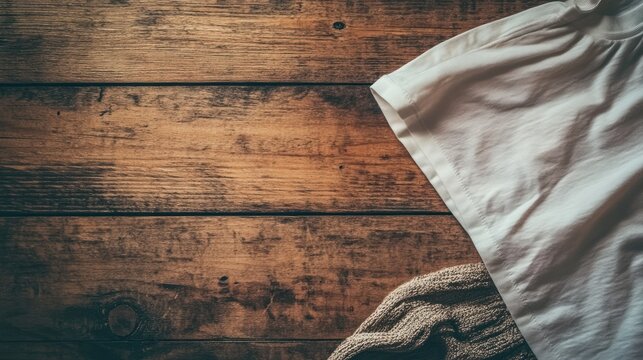 White fabric and knitwear on rustic wooden background.