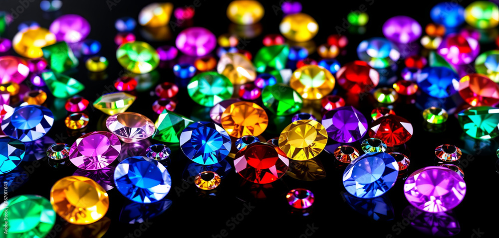 Poster brightly colored gems of various shapes and sizes lie scattered across a glossy black surface. the l
