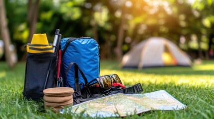 Camping gear on grass with tent in background.