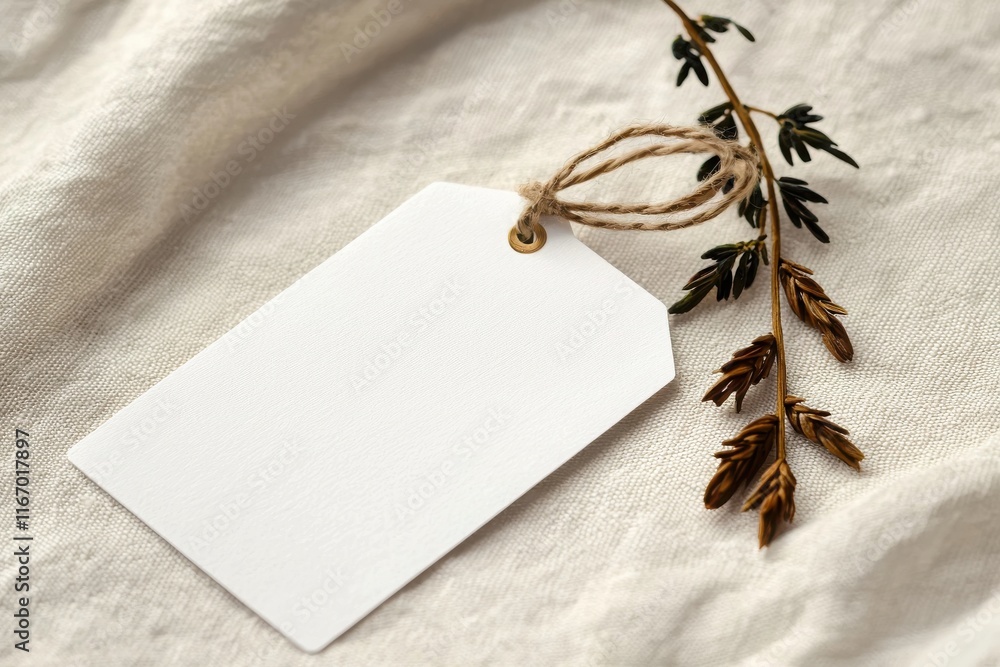 Poster elegant retail tag with monogram details in soft string minimalist style natural environment close-u