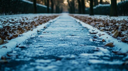 Abstract winter park walkway covered in snow, showing frozen pavement with perspective view under cold white landscape. Seasonal concept of frosty weather and serene nature during snowfall