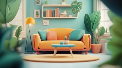 Fototapeta premium Colorful living room with sofa, plants, and bookshelf.