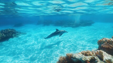 Naklejka premium Dolphin swimming in clear ocean water above coral reef.