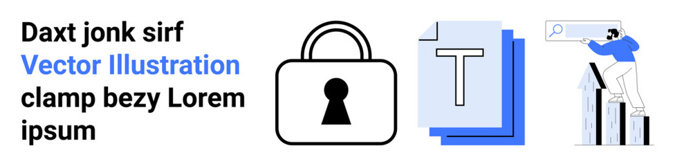 Lock icon for security, text documents symbolizing data, and business person analyzing charts representing growth. Ideal for data protection, business strategy, document management, analytics