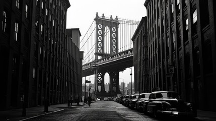 Manhattan Bridge in New York City, view from the street between brick buildings, New York City, Architectural photography.