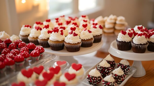 A Valentine's-themed dessert table featuring cupcakes, candies, and heart-shaped cookies