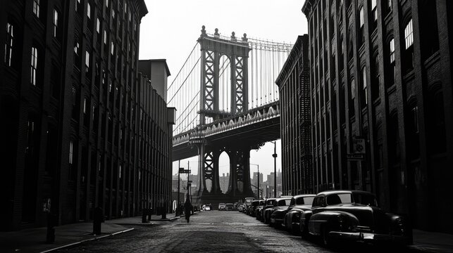 Fototapeta Manhattan Bridge in New York City, view from the street between brick buildings, New York City, Architectural photography.
