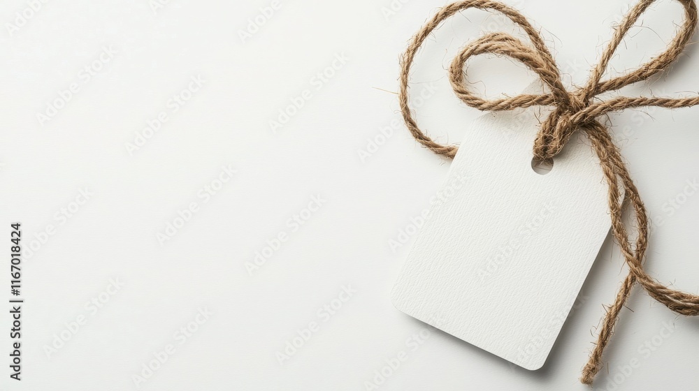 Poster minimalist retail tag design on white background product display clean environment top-down viewpoin