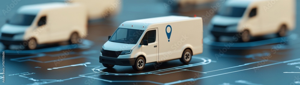 Poster efficient delivery process logistics vans on digital route mapping urban setting aerial view technol
