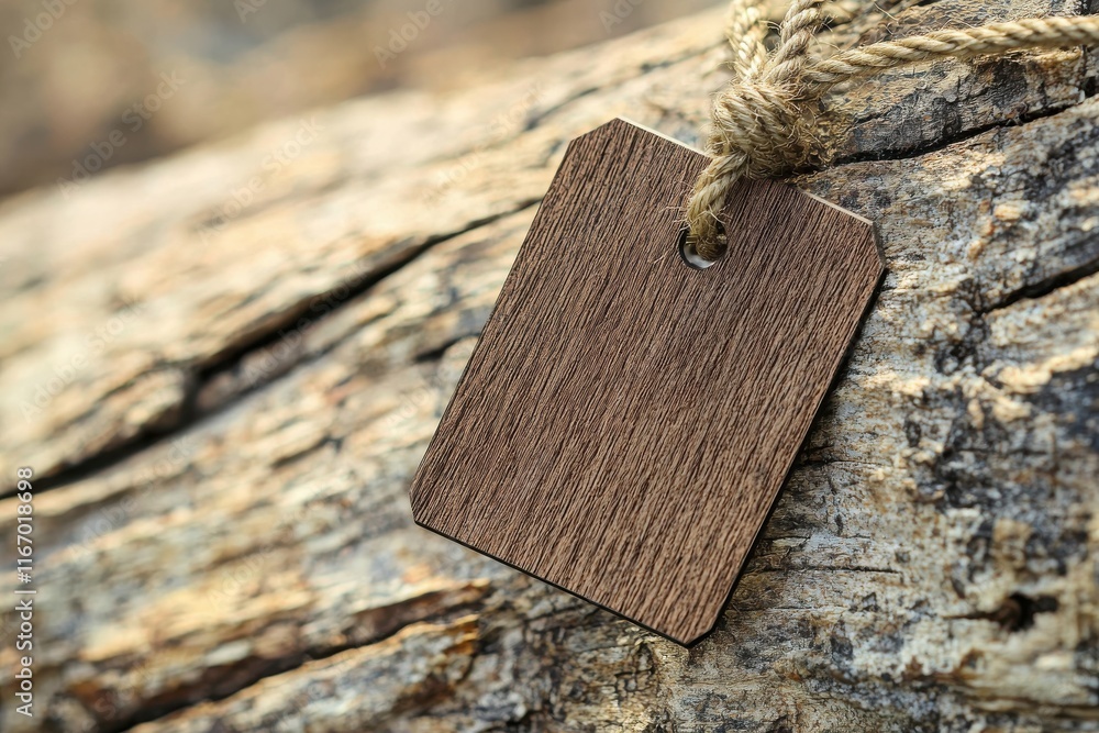 Poster rustic hanging merchandise tag with rope string natural environment close-up view textured wood prod