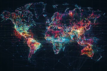 Fototapeta premium Global network map, vibrant, interconnected data streams.