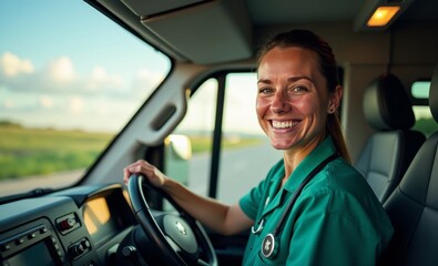 Obraz premium Smiling happy healthcare worker in the ems vehicle ambulance ambulance emergency medical rescue paramedic health