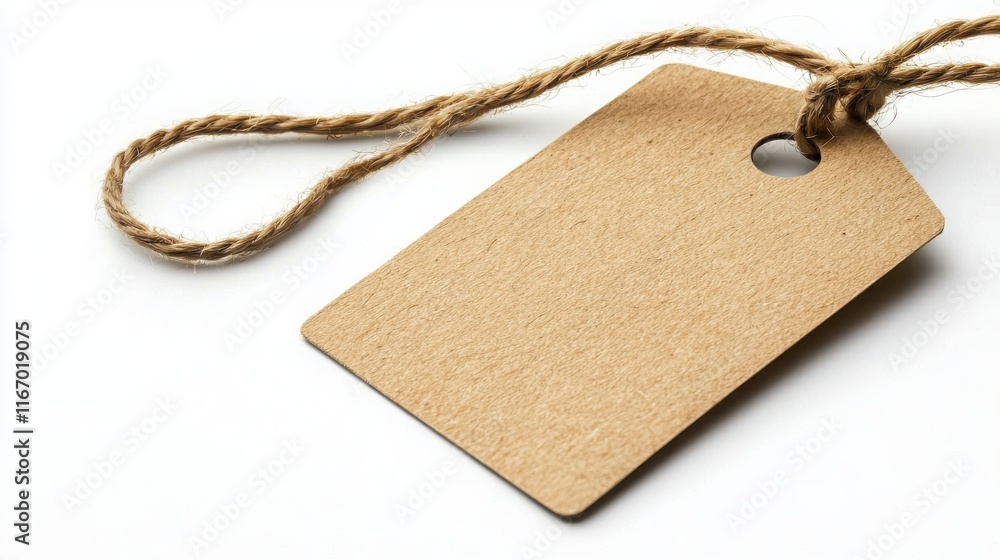 Poster simple retail tag with perforated edges on twine string minimalist design studio environment close-u