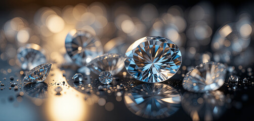 Fototapeta premium A collection of sparkling diamonds lies on a reflective surface, illuminated by soft light. Their facets create a dazzling display of reflections, emphasizing their beauty and clarity
