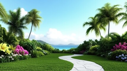 A serene pathway leads through lush tropical foliage to the ocean.