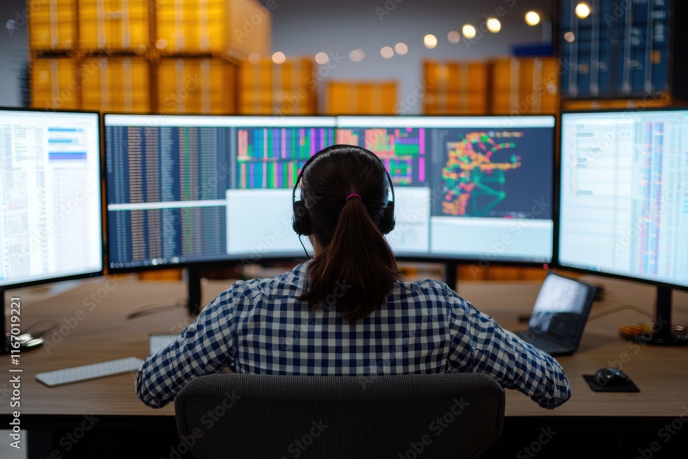Poster analyzing data trends with multiple monitors office space digital workstation professional environme