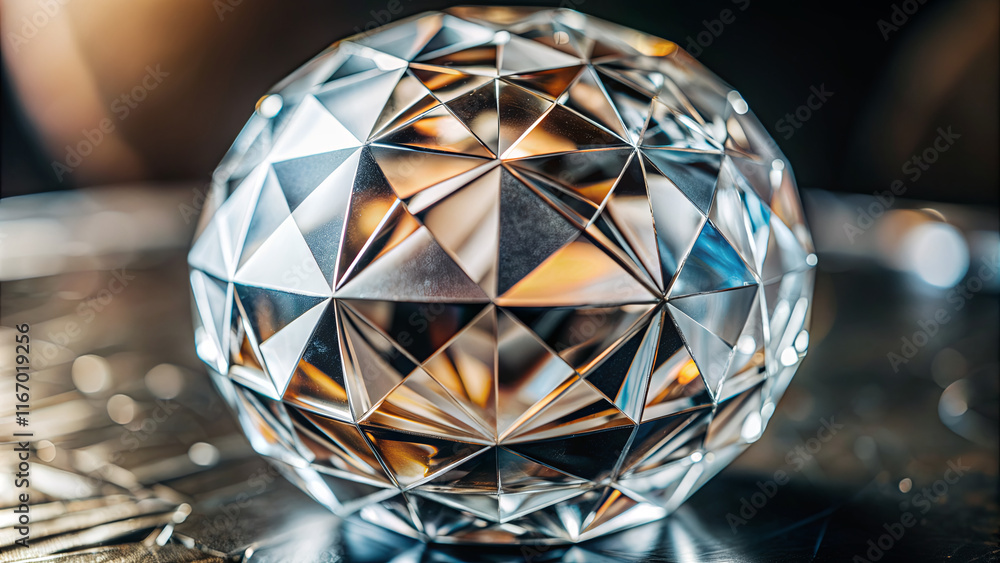 Poster an intricately designed glass sphere showcases numerous triangular facets, reflecting soft light in 