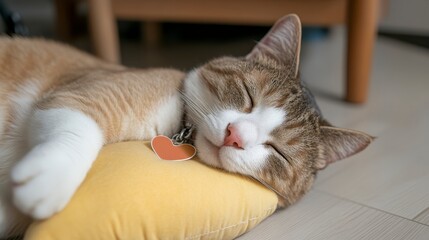 Adorable Tabby Cat Napping Peacefully on Yellow Pillow Close Up