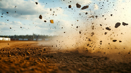 Close-up view of flying debris on a dirt race track
