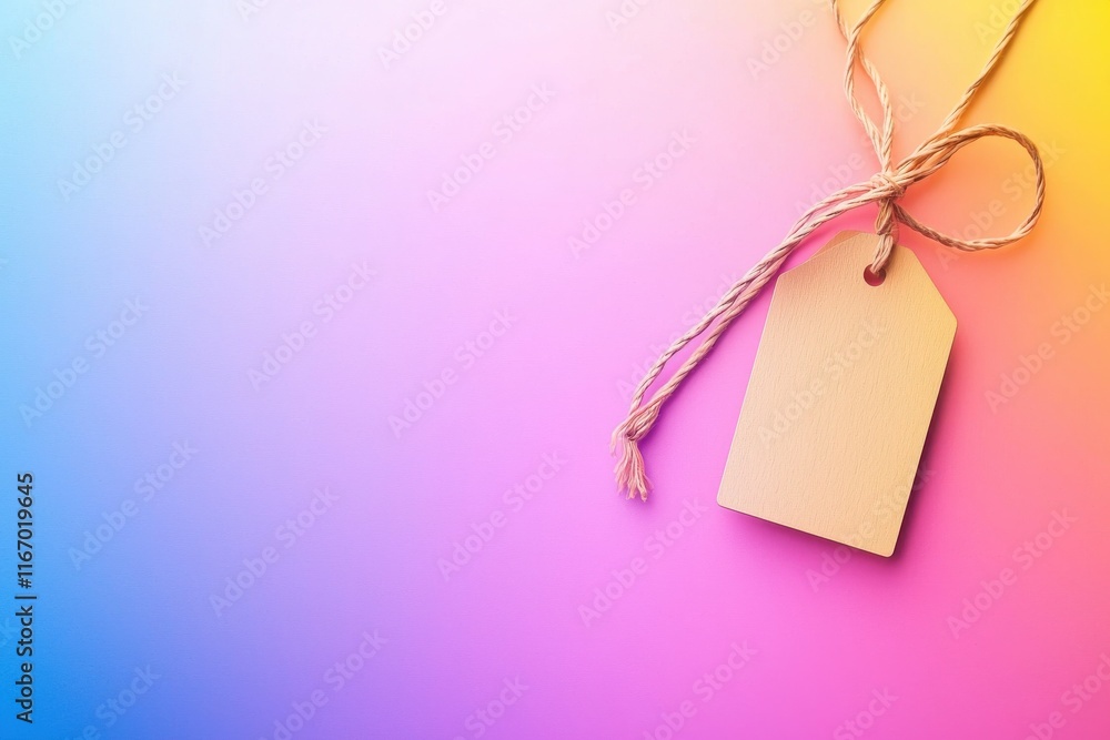 Poster artistic merchandise tag with string attachment studio setting graphic design vibrant background clo