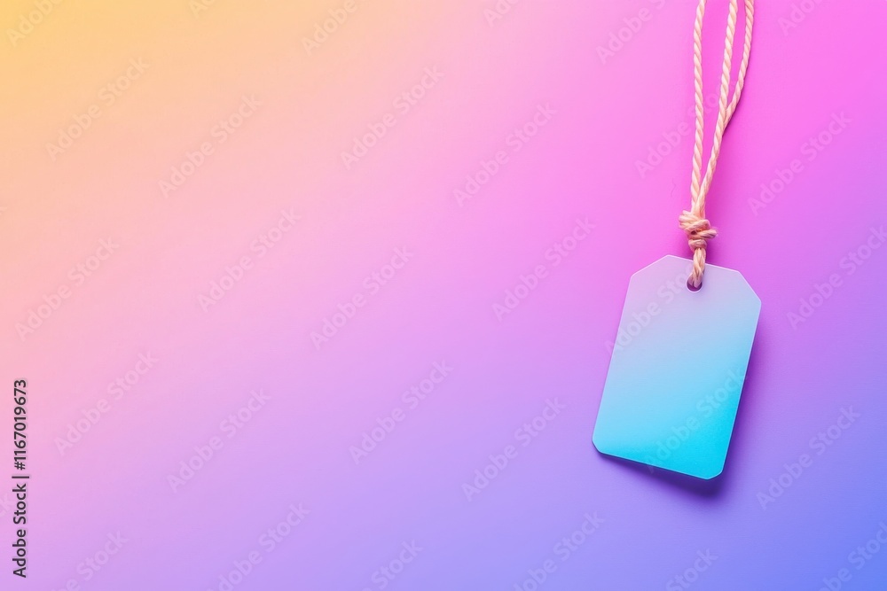 Poster artistic merchandise tag with string attachment vibrant gradient background product photography crea