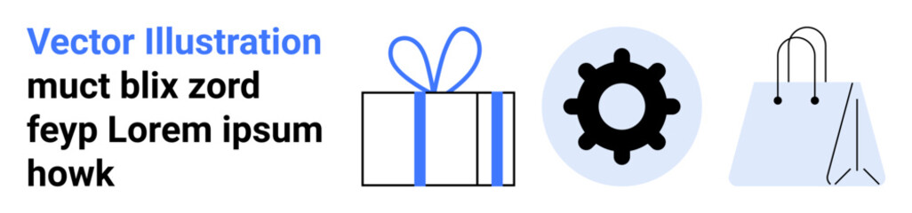 Vector graphic of blue-accented gift box, black gear, and light blue shopping bag. Ideal for business, e-commerce, technology, marketing, online shopping holiday promotions branding. Landing page